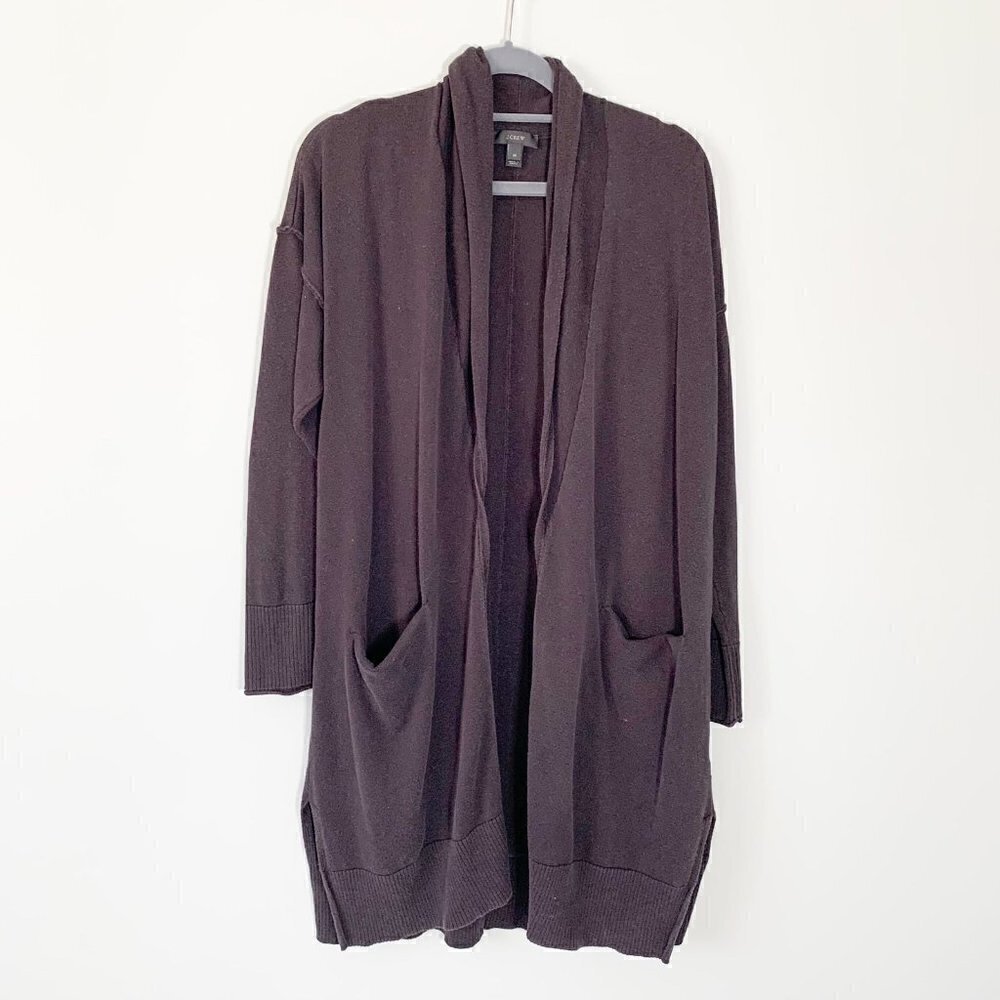 J.Crew Women Faded Black Open Front Longline Shawl Collar Cardigan Sweater Med